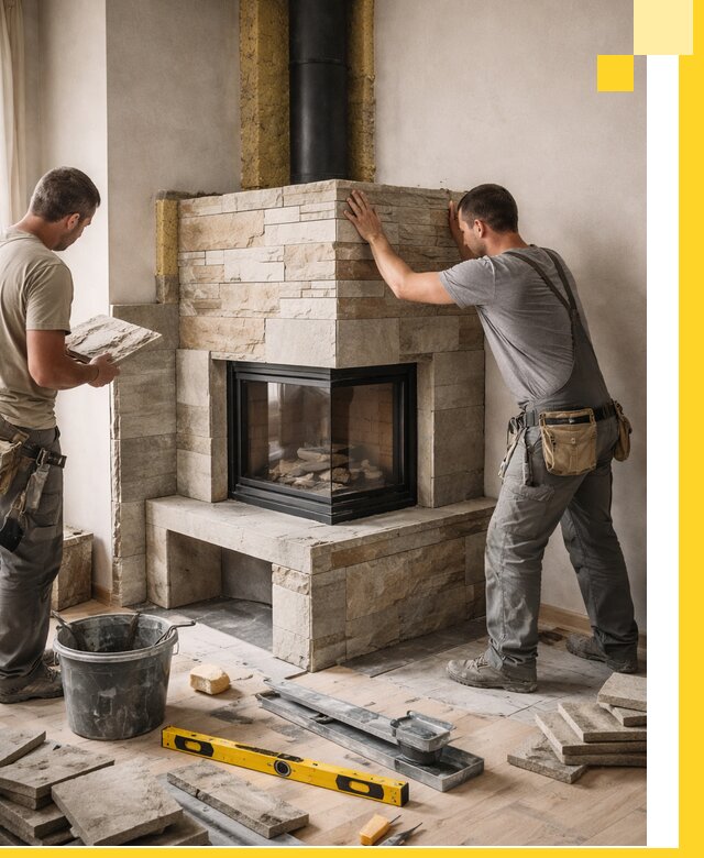 Угловые камины под ключ проект, монтаж и отделка в Карпинске